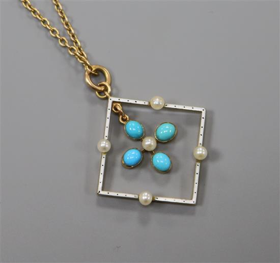 An Edwardian 15ct gold, enamel and turquoise set openwork pendant, on a 15ct gold chain, pendant 27mm.